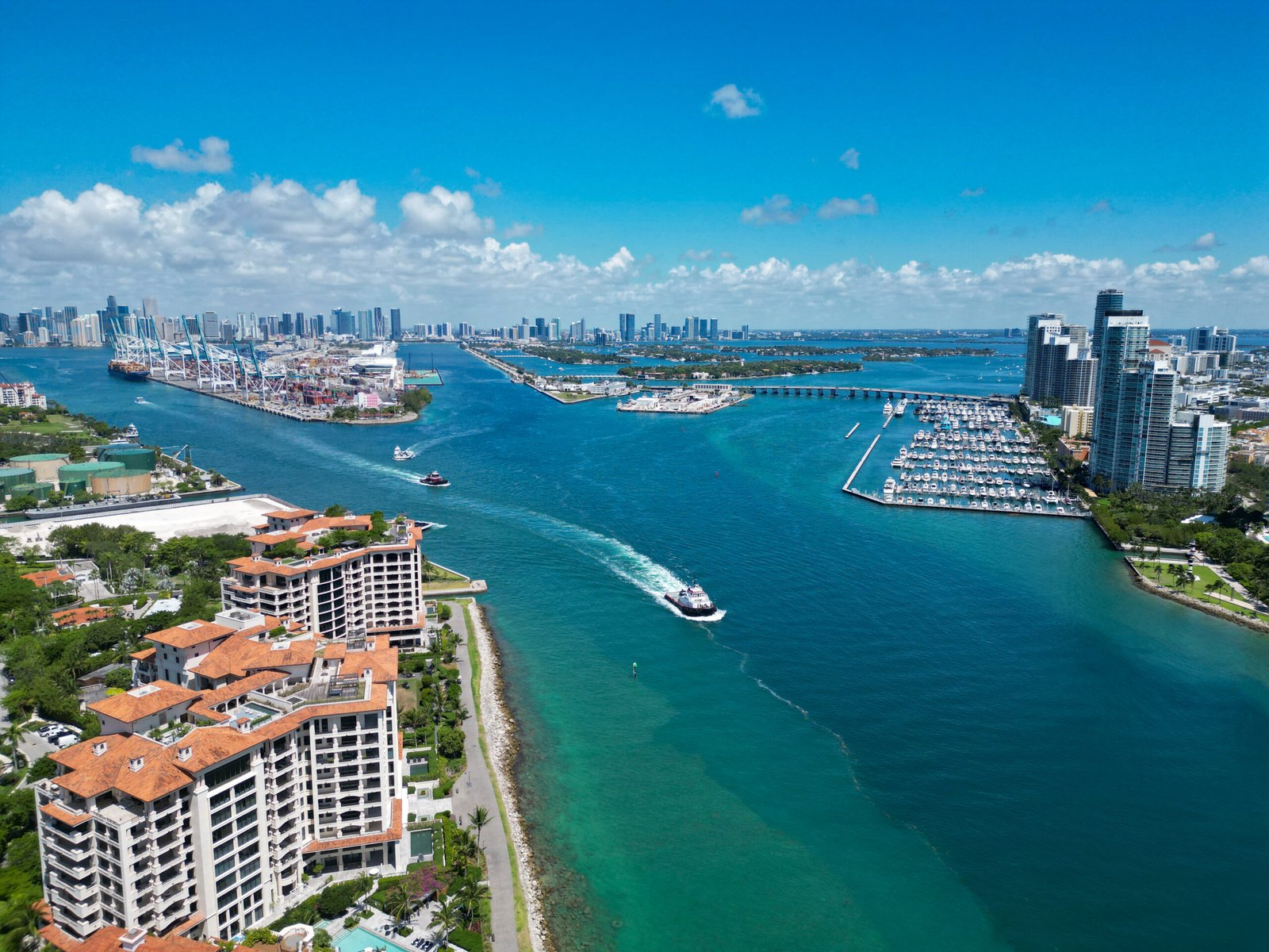 Cityscape. Miami beach aerial view. Marina in Miami Beach, Florida USA. Biscayne bay. Downtown Miami Marina with luxury cityscape view. Summer vacation. South beach aerial city. Urban skyline